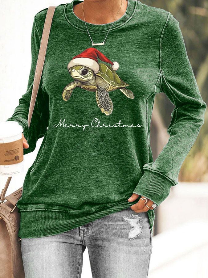 Women's Christmas Turtle Print Crewneck Sweatshirt
