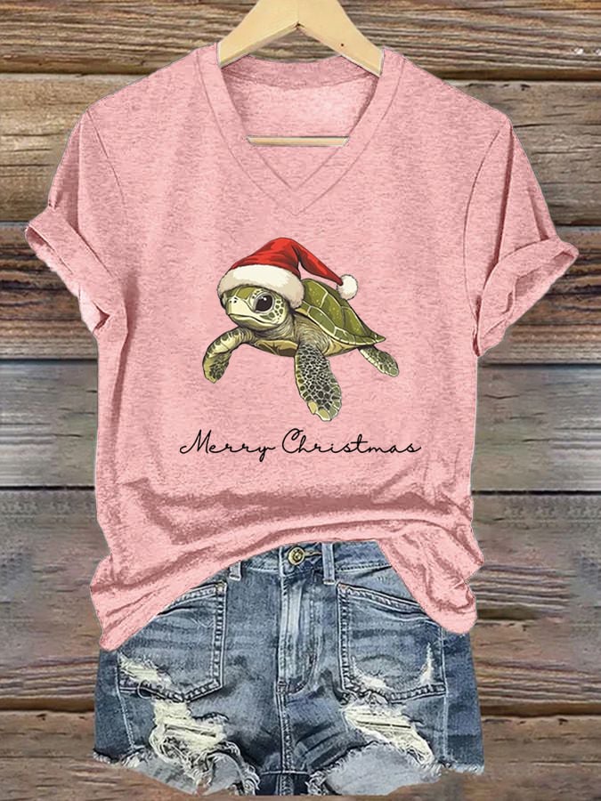 Women's Christmas Turtle Print V-Neck T-Shirt