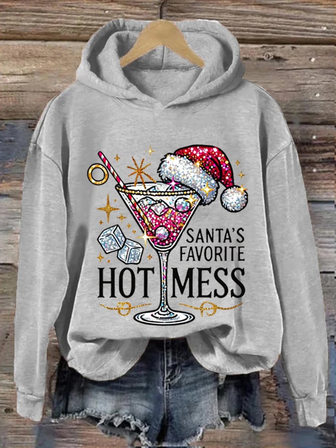 Women's Christmas Santa's Favorite Hot Mess Print Hooded Sweatshirt