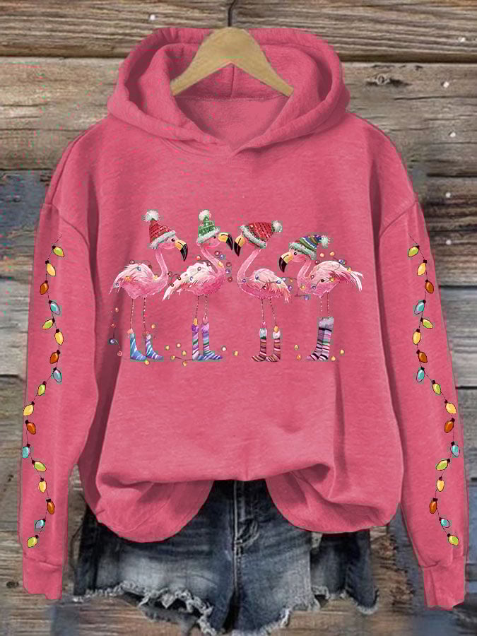 Women's Christmas Flamingo Print Hooded Sweatshirt