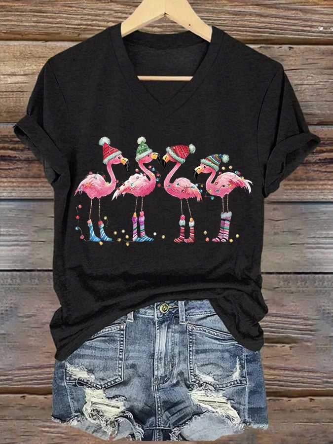 Women's Christmas Flamingo Print V-Neck T-Shirt