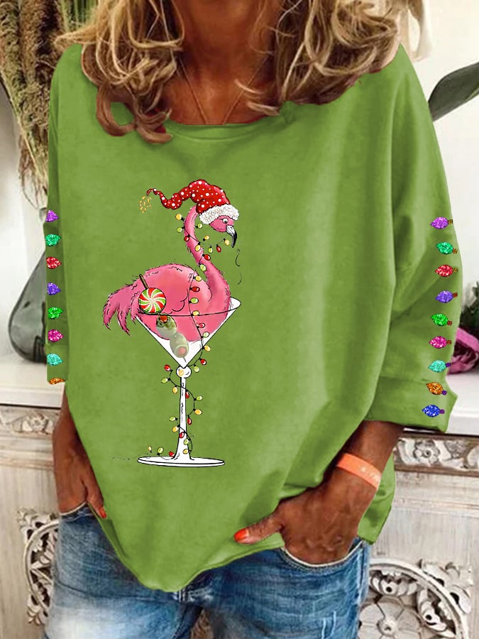 Women's Christmas Colorful Lights Flamingo Holiday Long-Sleeve Top