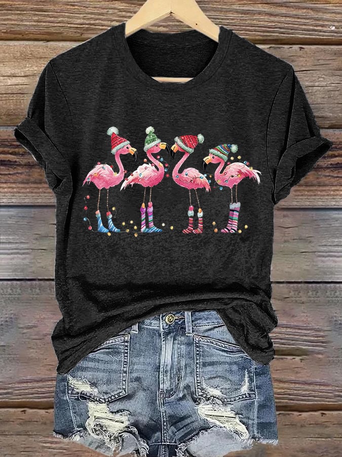 Women's Christmas Flamingo Printed Crew Neck T-Shirt