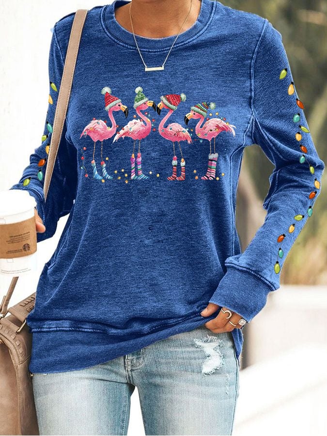 Women's Christmas Flamingo Print Crewneck Sweatshirt