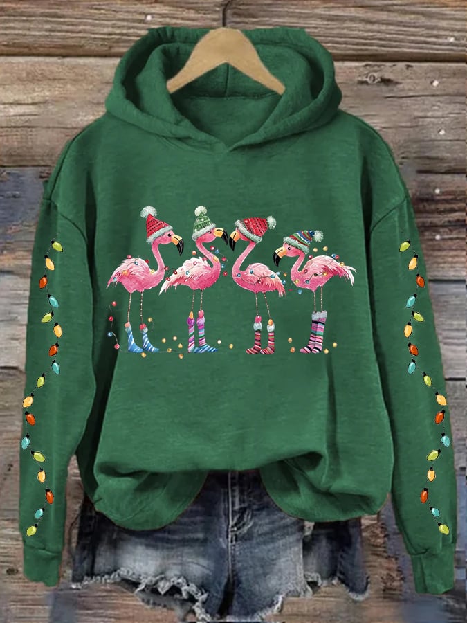 Women's Christmas Flamingo Print Hooded Sweatshirt