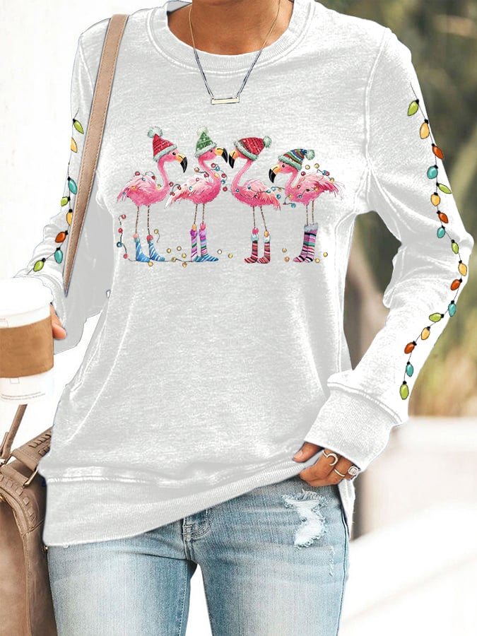 Women's Christmas Flamingo Print Crewneck Sweatshirt