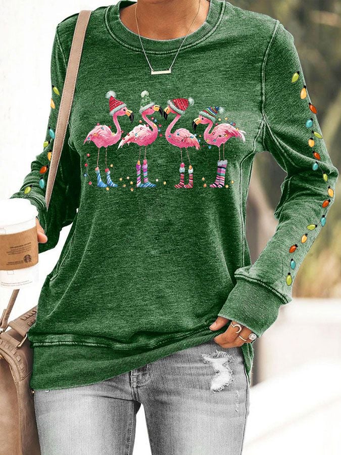 Women's Christmas Flamingo Print Crewneck Sweatshirt