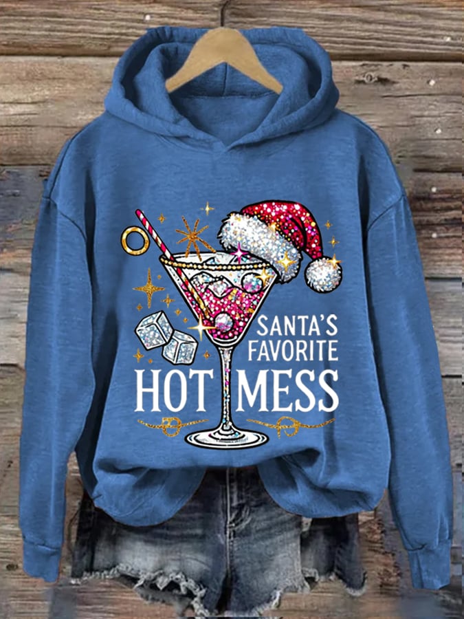 Women's Christmas Santa's Favorite Hot Mess Print Hooded Sweatshirt