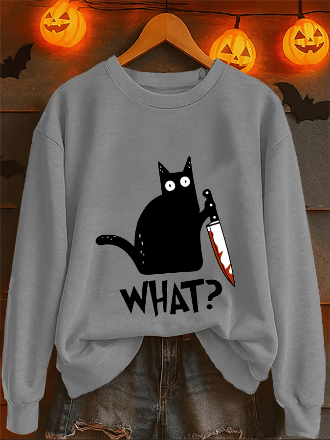 Women's Casual Halloween Black Cat "What" Warm Sweatshirt