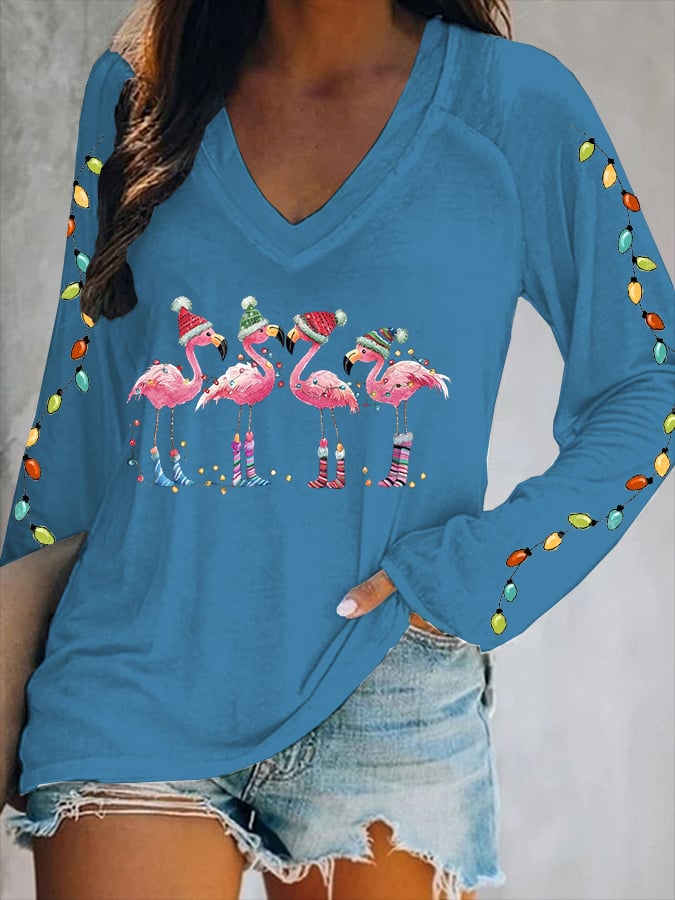 Women's Christmas Flamingo Print V-Neck T-Shirt