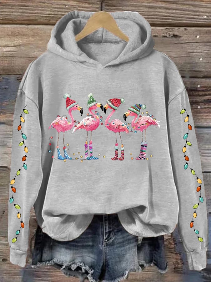 Women's Christmas Flamingo Print Hooded Sweatshirt