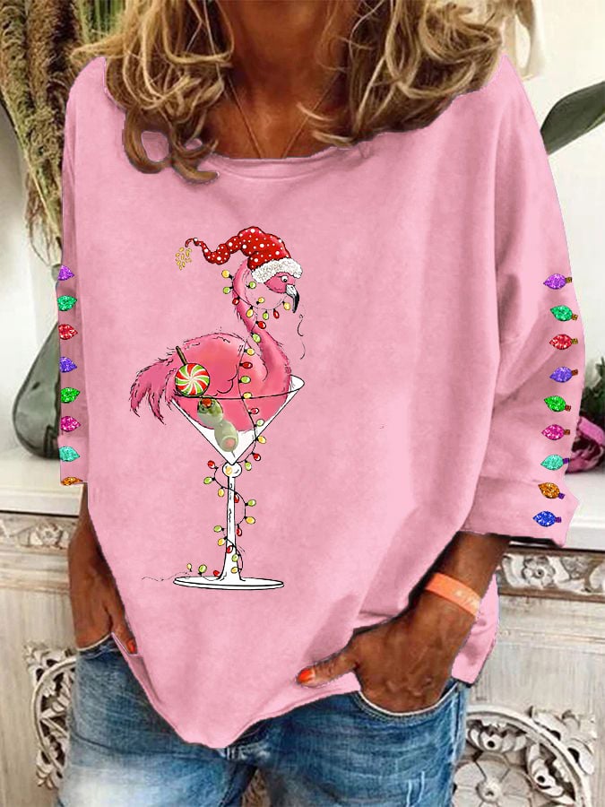 Women's Christmas Colorful Lights Flamingo Holiday Long-Sleeve Top