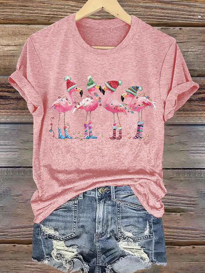 Women's Christmas Flamingo Printed Crew Neck T-Shirt