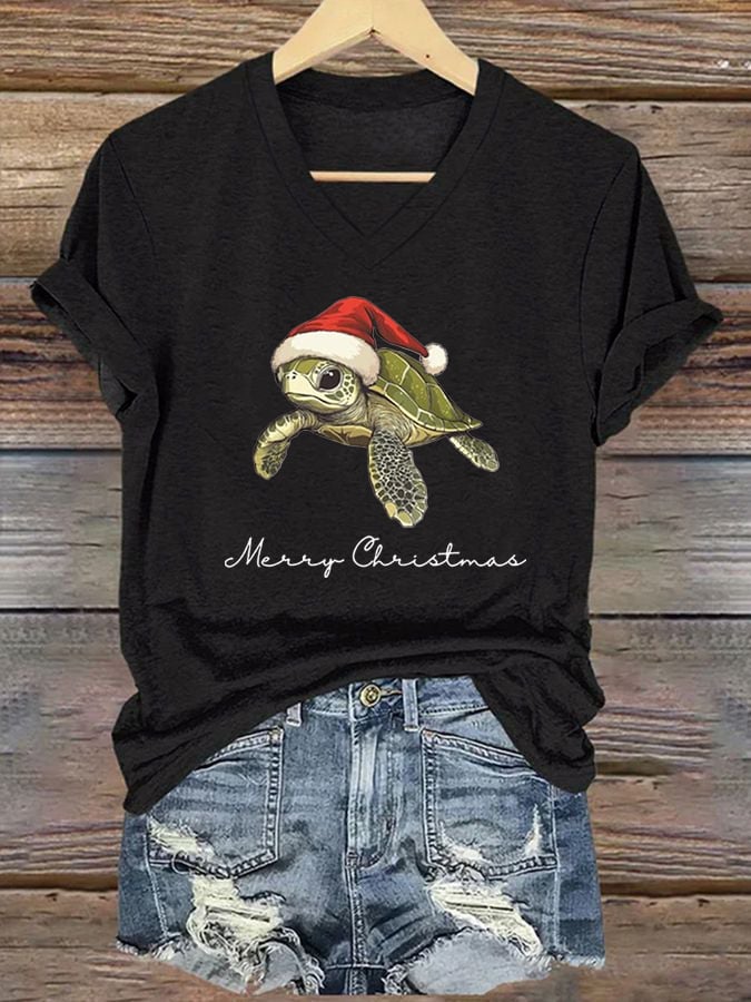 Women's Christmas Turtle Print V-Neck T-Shirt