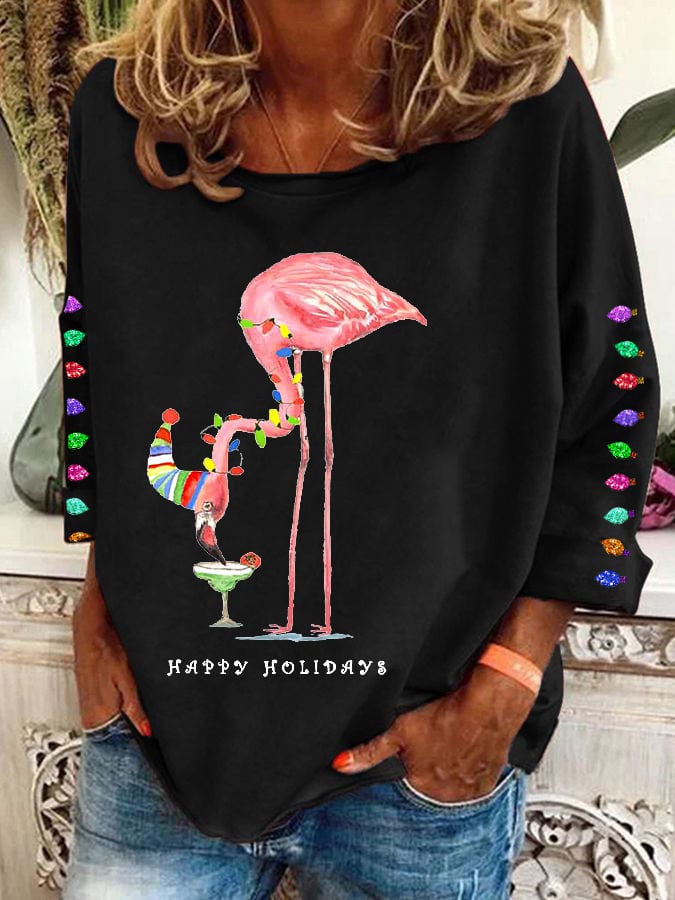 Women's Christmas Colorful Lights Flamingo Holiday Long-Sleeve Top