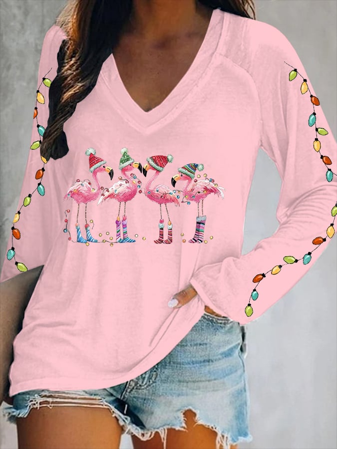 Women's Christmas Flamingo Print V-Neck T-Shirt