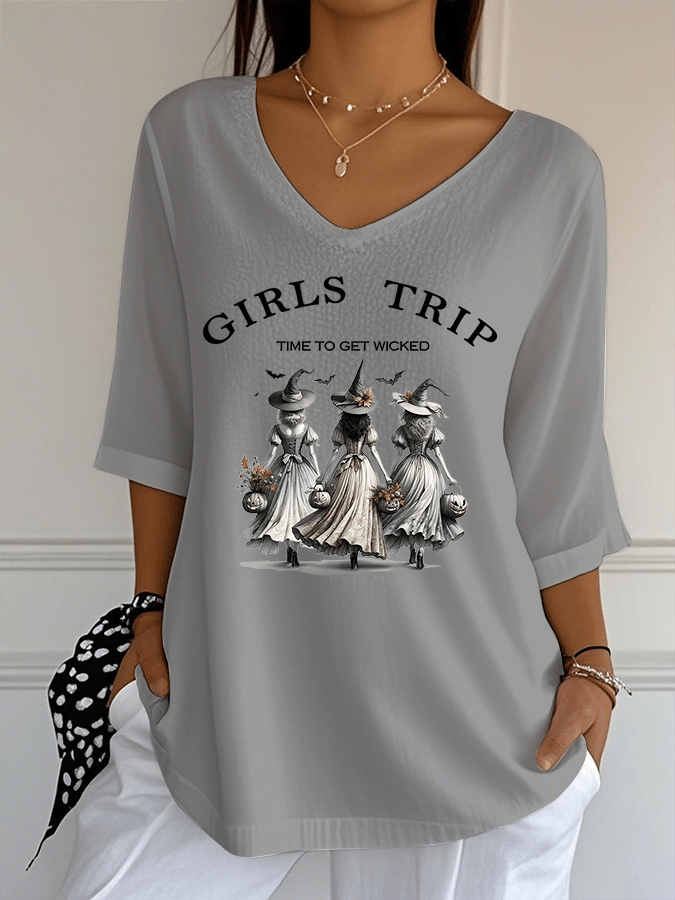 Women's Girls Trip Time To Get Wicked Print Jacquard Casual V-Neck Top