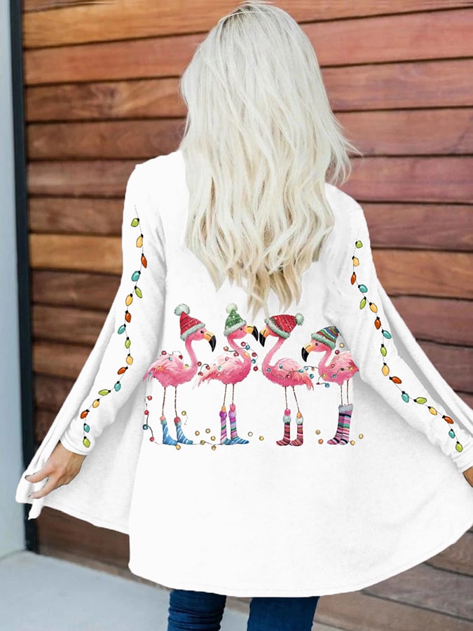 Women's Christmas Flamingo Print Long Sleeve Cardigan