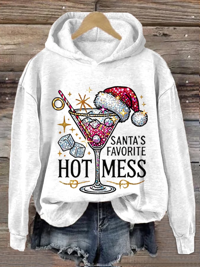 Women's Christmas Santa's Favorite Hot Mess Print Hooded Sweatshirt