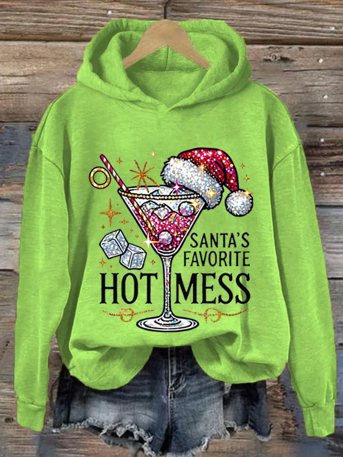 Women's Christmas Santa's Favorite Hot Mess Print Hooded Sweatshirt