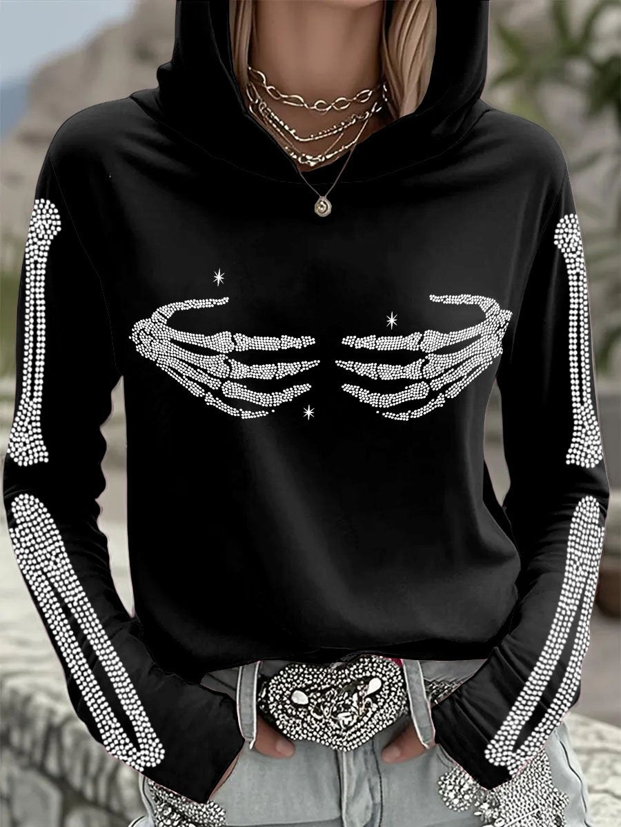 Women'S Retro Halloween Skull Bones Rhinestone Art Print Hoodie