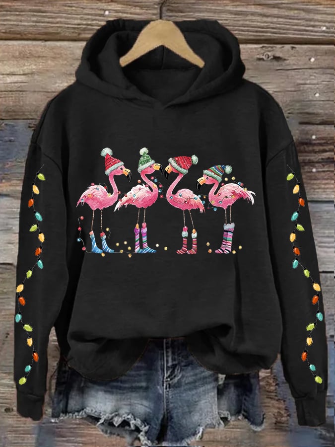 Women's Christmas Flamingo Print Hooded Sweatshirt