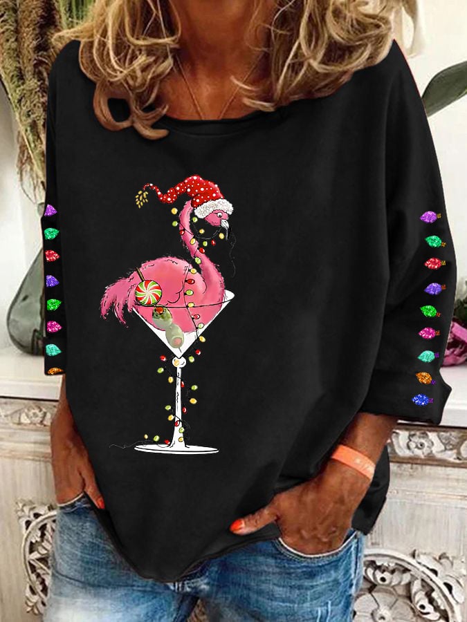 Women's Christmas Colorful Lights Flamingo Holiday Long-Sleeve Top