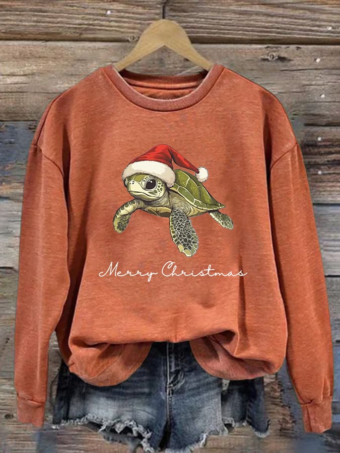 Women's Christmas Turtle Print Crewneck Sweatshirt