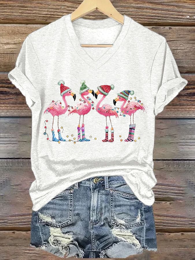 Women's Christmas Flamingo Print V-Neck T-Shirt