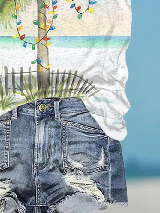 V-Neck Retro Florida Christmas Watercolor Palm Tree Print T-Shirt