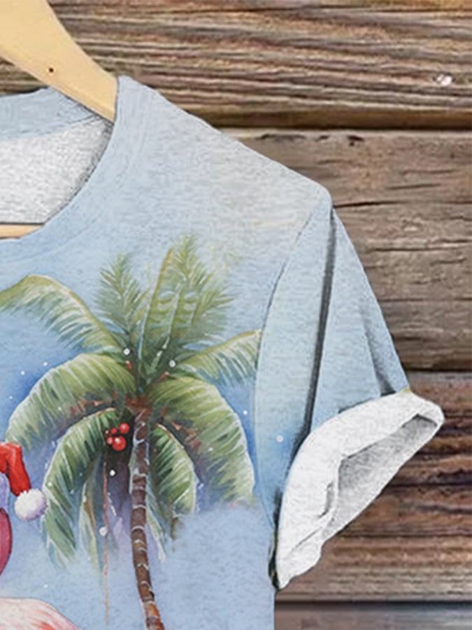 Retro Florida Christmas Palm Tree Flamingo Print T-Shirt