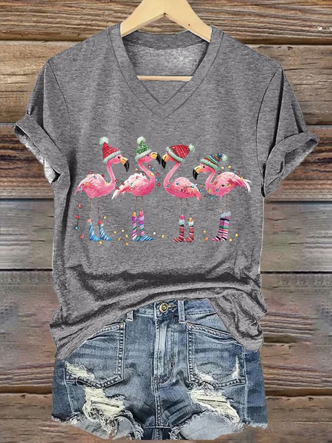 Women's Christmas Flamingo Print V-Neck T-Shirt