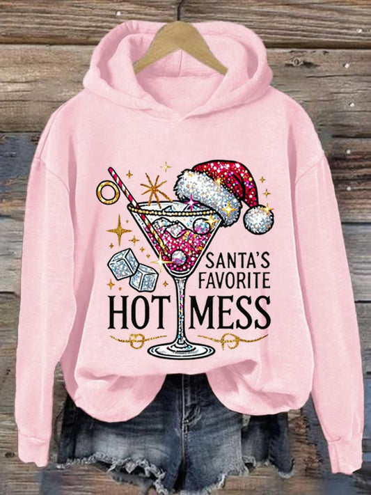 Women's Christmas Santa's Favorite Hot Mess Print Hooded Sweatshirt