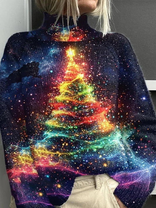 Women's Glitter Christmas Print Knit Turtleneck Pullover Sweater