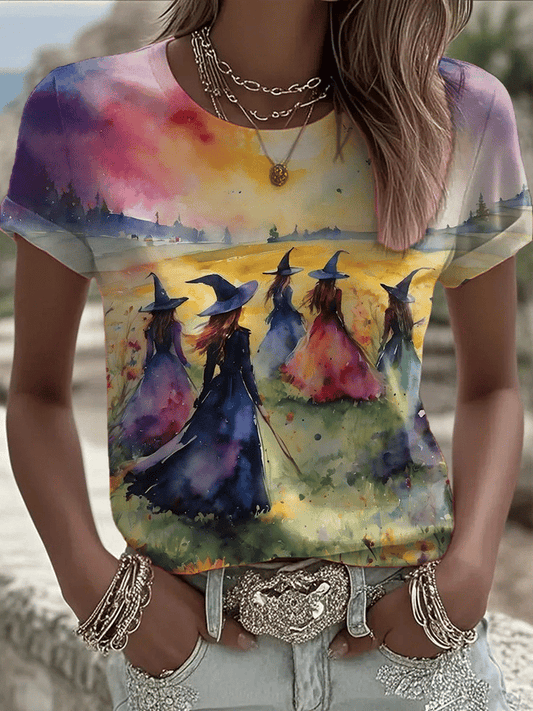 Women's Halloween Witch Print Crew Neck T-Shirt