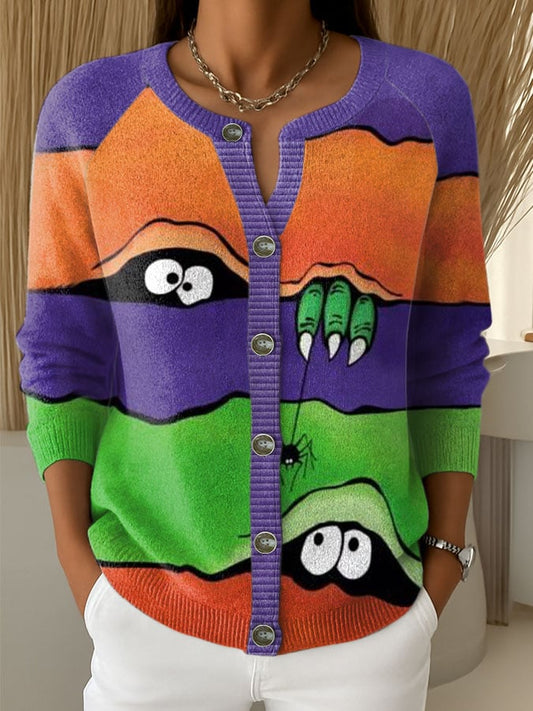 Women's Retro Halloween Peekaboo Monster Print Knit Cardigan
