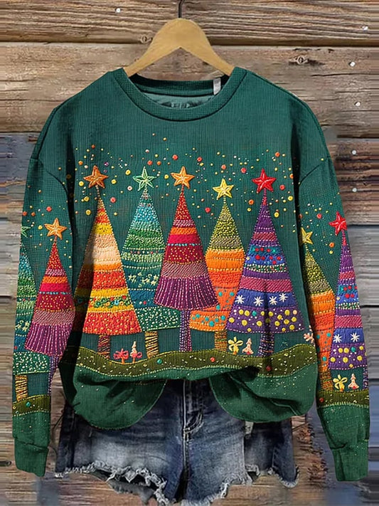 Women's Vintage Christmas Tree Pattern  Print Sweatshirt
