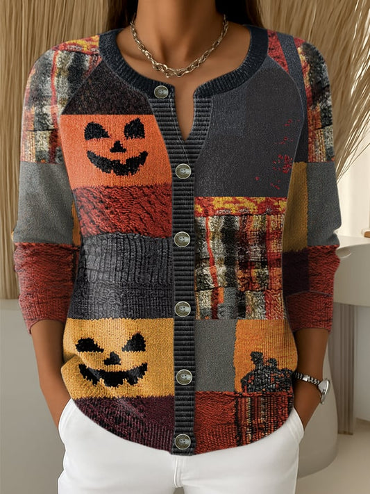 Women's Retro Halloween Monster Print Knit Cardigan
