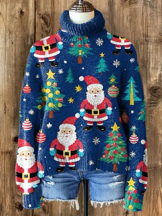 Women's Vintage Santa Claus Art Print Knit Turtleneck Pullover Sweater