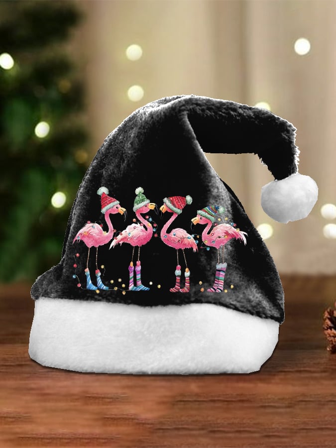 Unisex Christmas Flamingo Print Plush Hat
