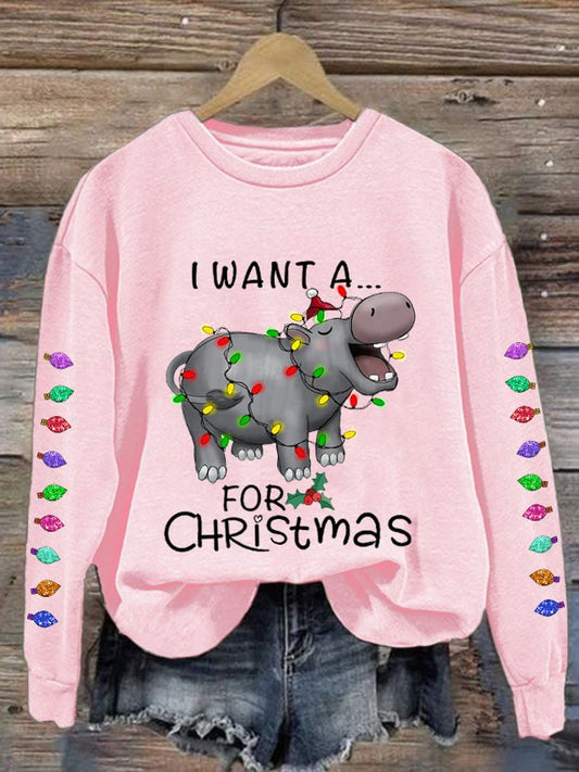 Women's I Want A Cute Hippopotamus For Christmas Colorful Lights Casual Sweatshirt
