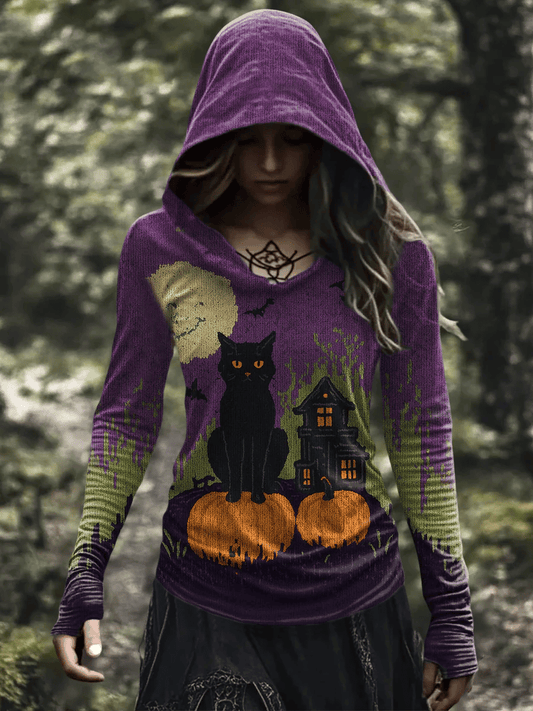 Women's Halloween Cat Print Casual Hoodie
