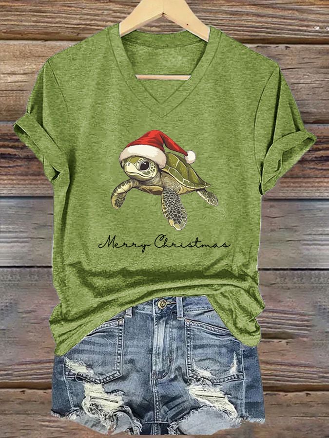 Women's Christmas Turtle Print V-Neck T-Shirt