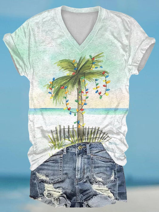 V-Neck Retro Florida Christmas Watercolor Palm Tree Print T-Shirt