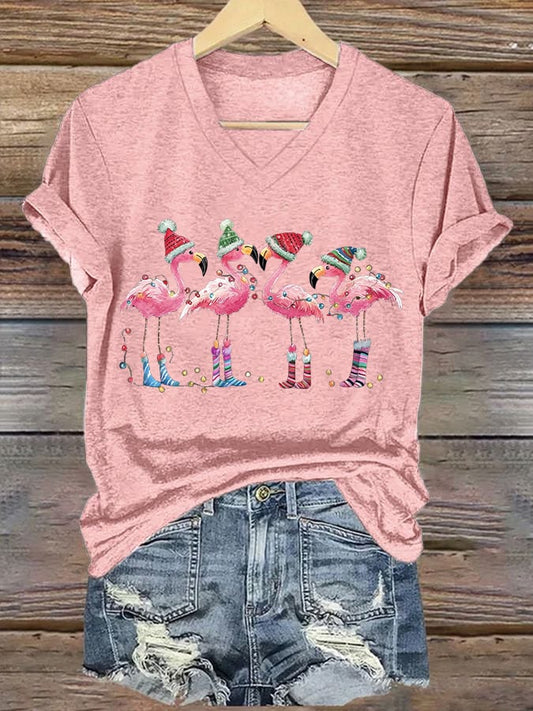 Women's Christmas Flamingo Print V-Neck T-Shirt