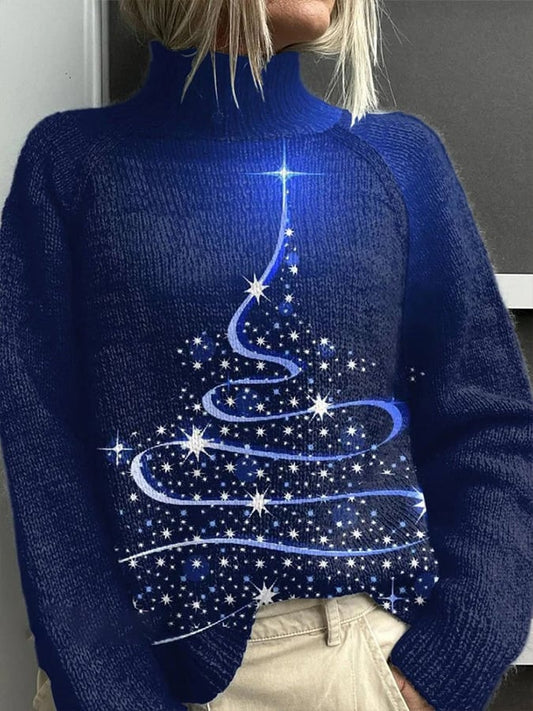 Women's Glitter Christmas Print Knit Turtleneck Pullover Sweater