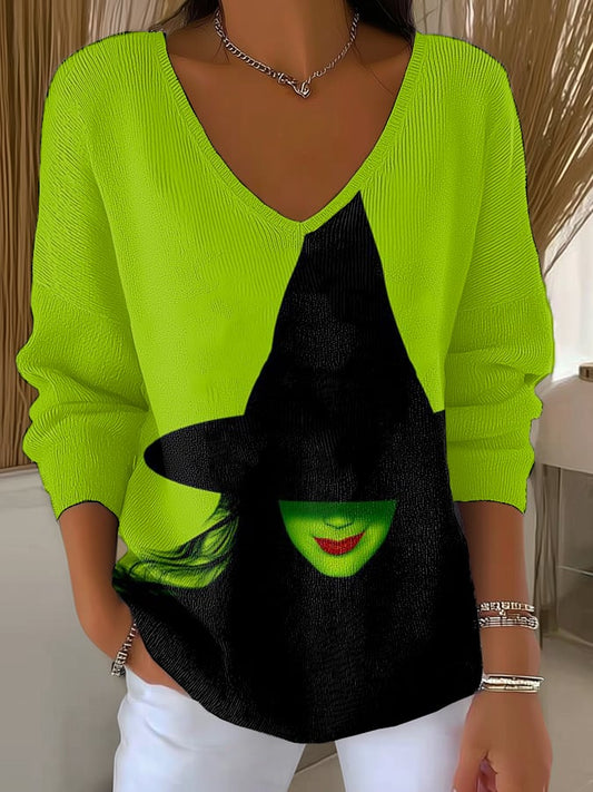 Women's Witch Print V Neck Sweater