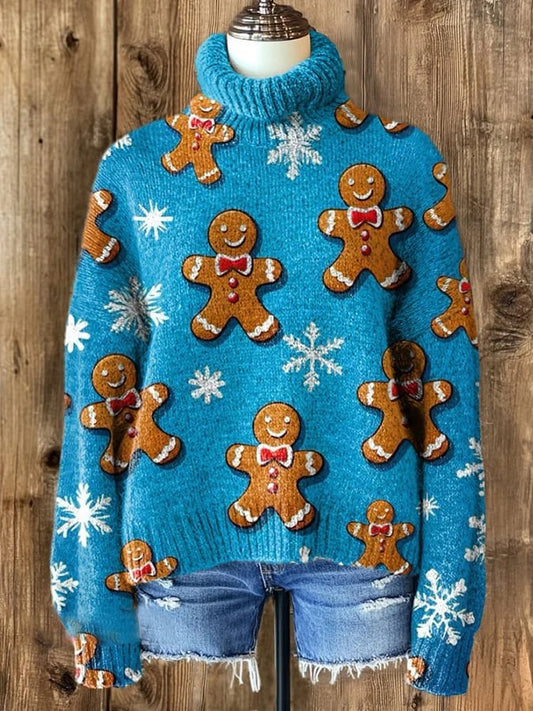 Women's Vintage Christmas Gingerbread Man Print Knit Turtleneck Pullover Sweater