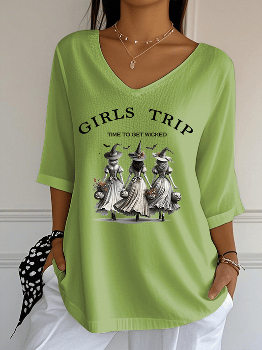Women's Girls Trip Time To Get Wicked Print Jacquard Casual V-Neck Top