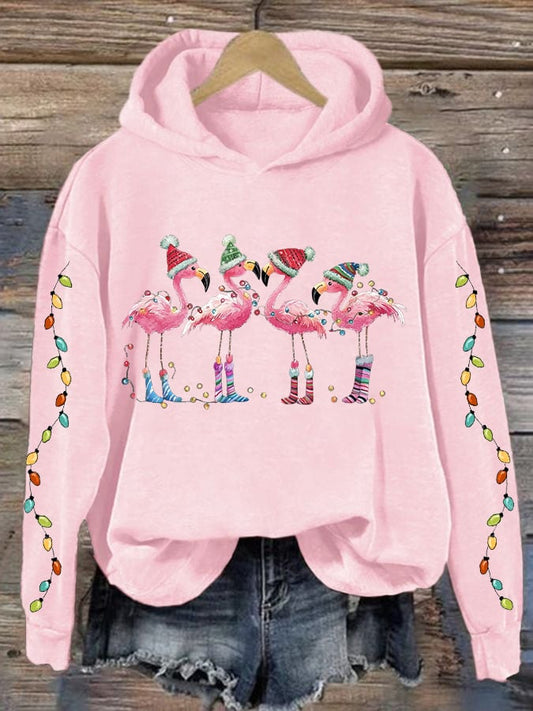 Women's Christmas Flamingo Print Hooded Sweatshirt